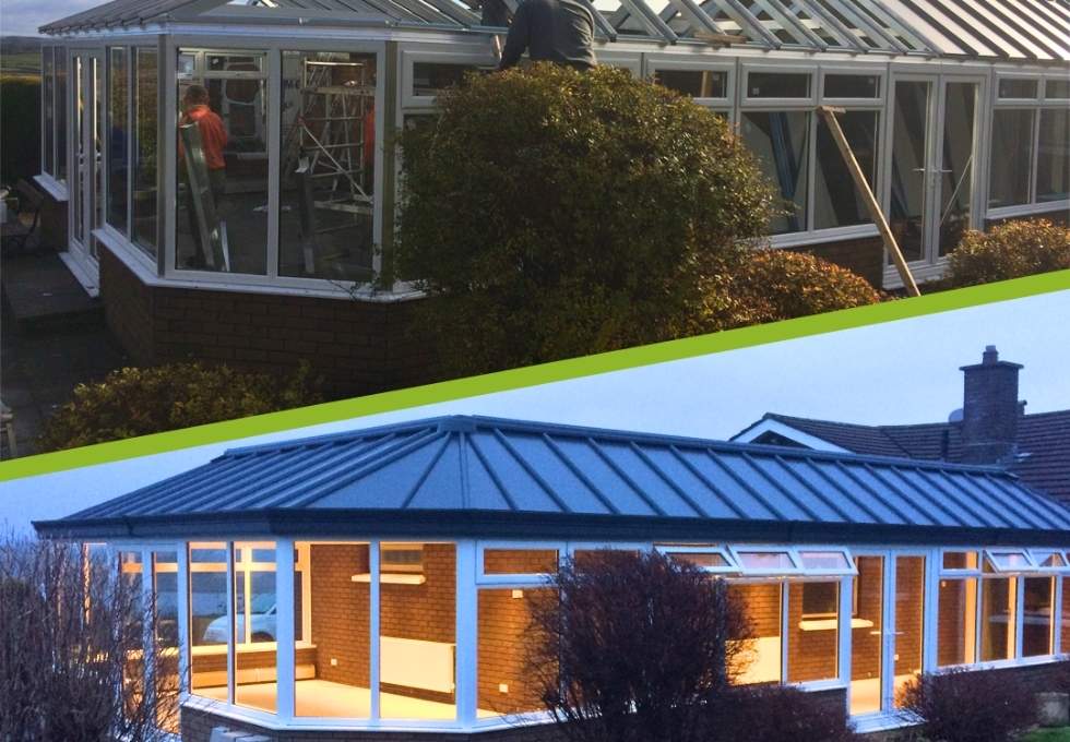 Before and after of a conservatory roof replacement Newport.